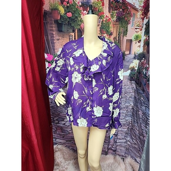 Notations Purple NWT Blouse Womens SZ 16  Floral Semi Sheer Long Sleeve - Picture 1 of 8
